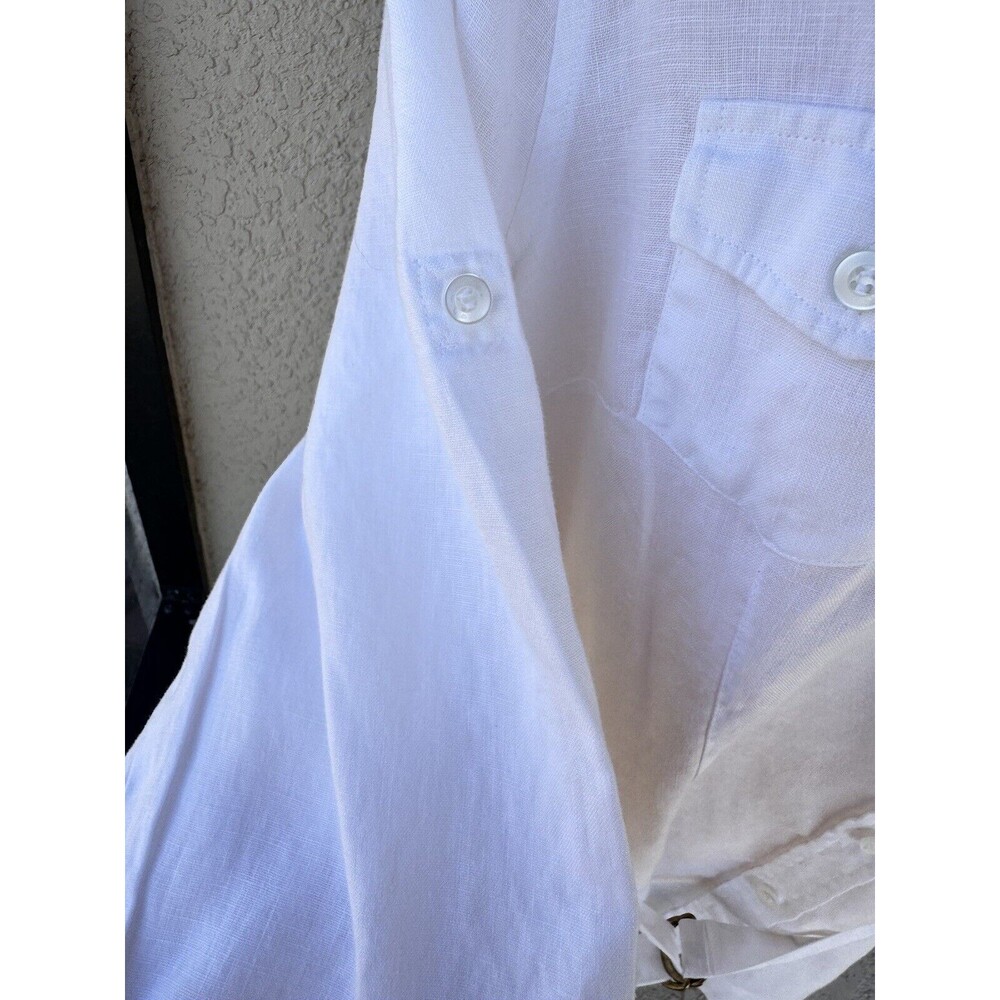 Chaus XL 100% Organic Linen Shirt 3/4 Roll Tab Sleeve Belted Tunic White Pockets - Picture 6 of 15